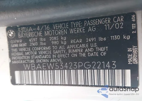 2003 BMW 330Xi z USA, uszkodzony, nr VIN WBAEW53423PG22143